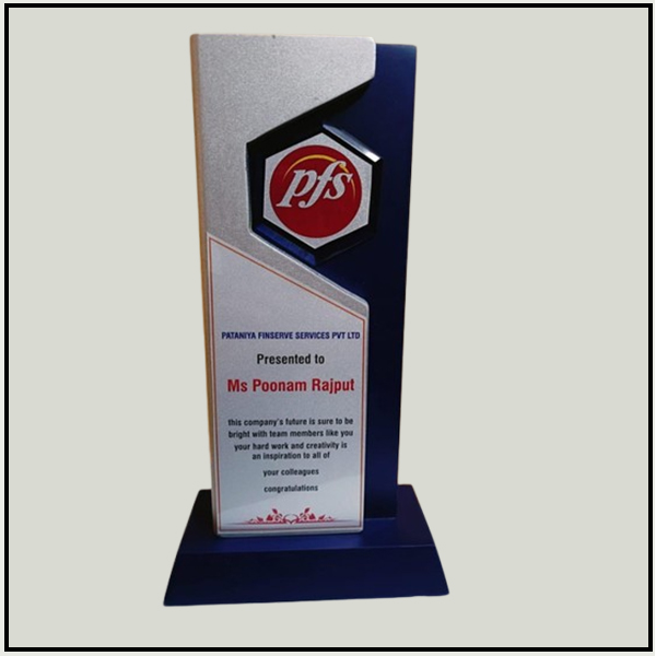 White & Blue Wooden Trophy with Base