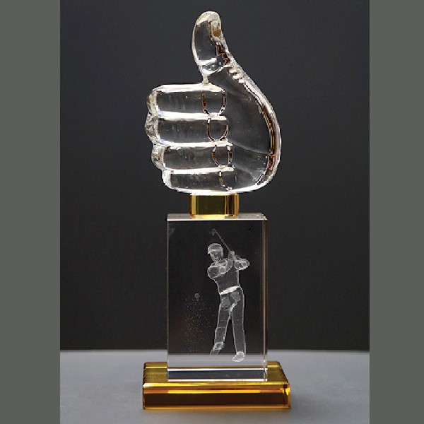 Crystal Cube With Thumbs Up Shape Trophy